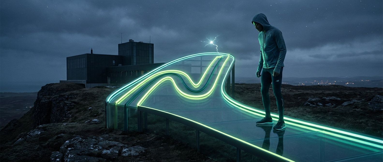 Athlete on futuristic glass pathway with glowing Nlighten energy trail